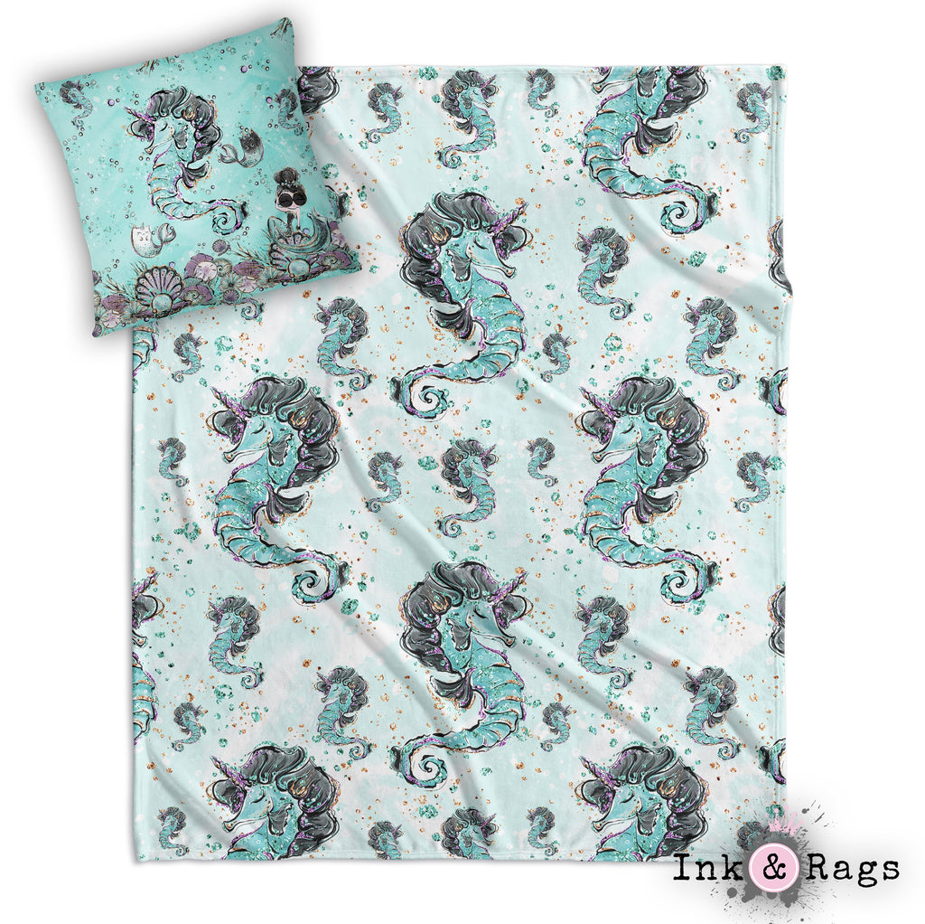 Breakfast At Tiffany Unicorn Seahorse Fashion Decorative Throw and Pillow Cover Set