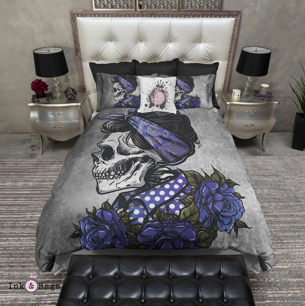 Rockabilly Concrete Betty Blue Skull and Rose Bedding Collection
