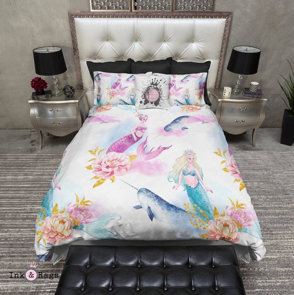 Watercolor Mermaid Narwhal and Peony Bedding Collection