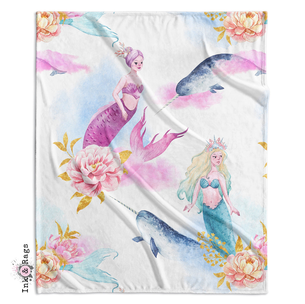 Watercolor Mermaid Narwhal and Peony Decorative Throw and Pillow Cover Set