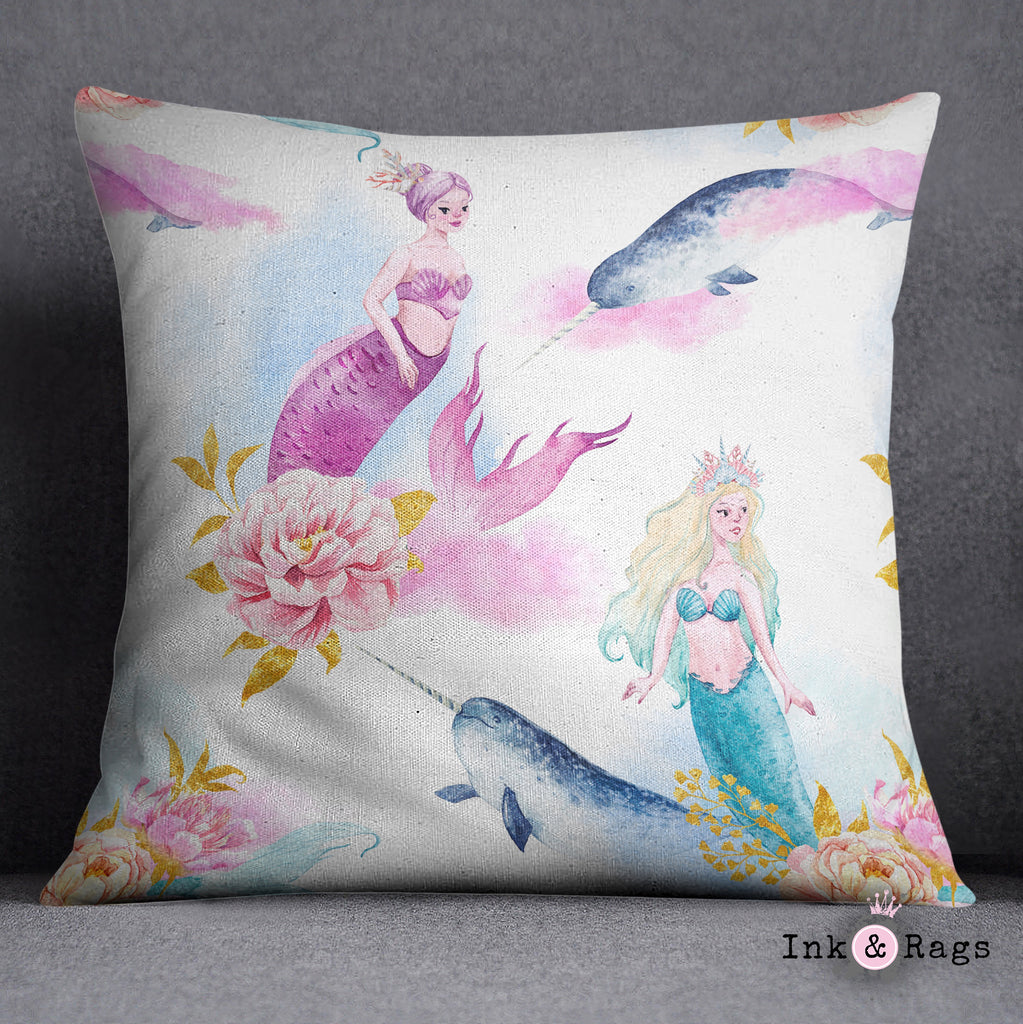 Watercolor Mermaid Narwhal and Peony Throw Pillow