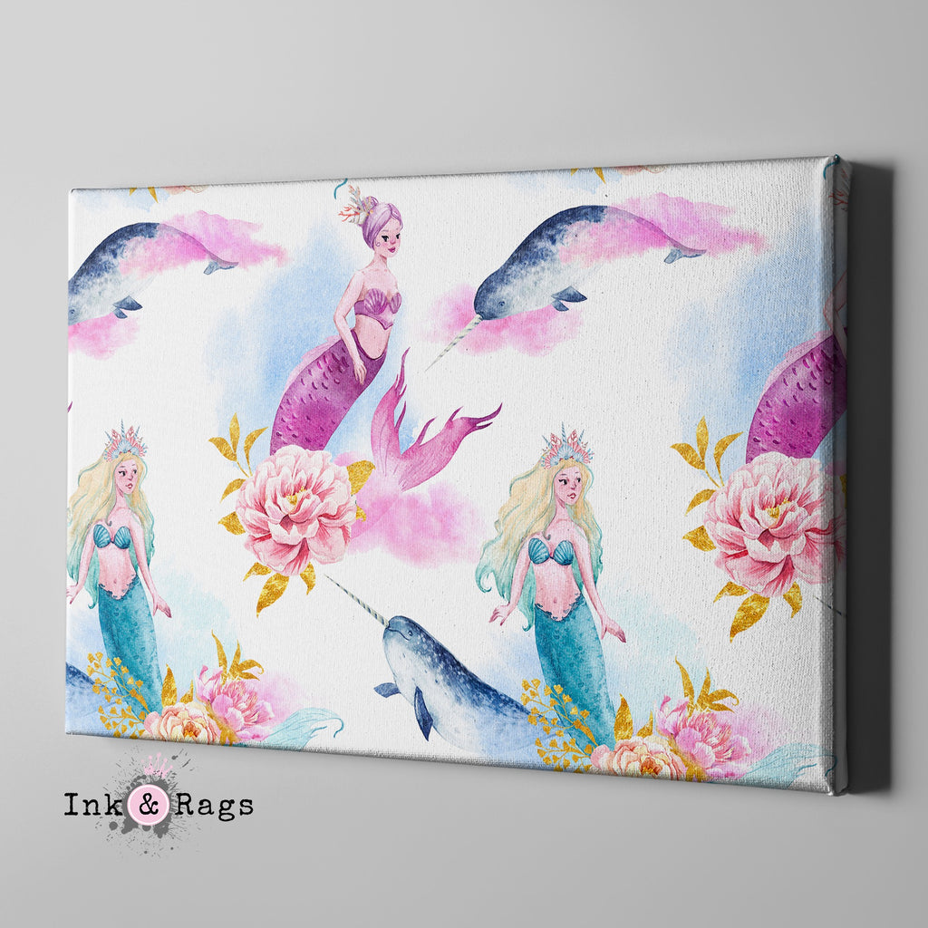 Watercolor Mermaid Narwhal and Peony Gallery Wrapped Canvas