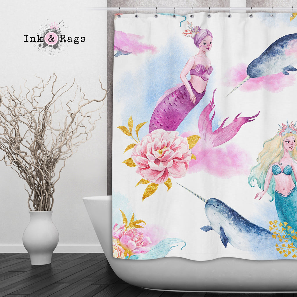 Watercolor Mermaid Narwhal and Peony Shower Curtains and Optional Bath Mats
