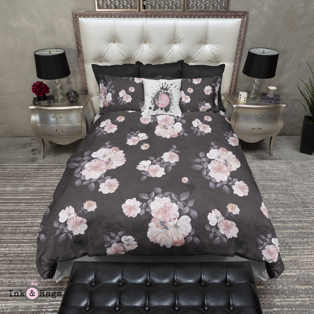 Vintage Black and Pink Distressed Watercolor Rose Bedding Collection