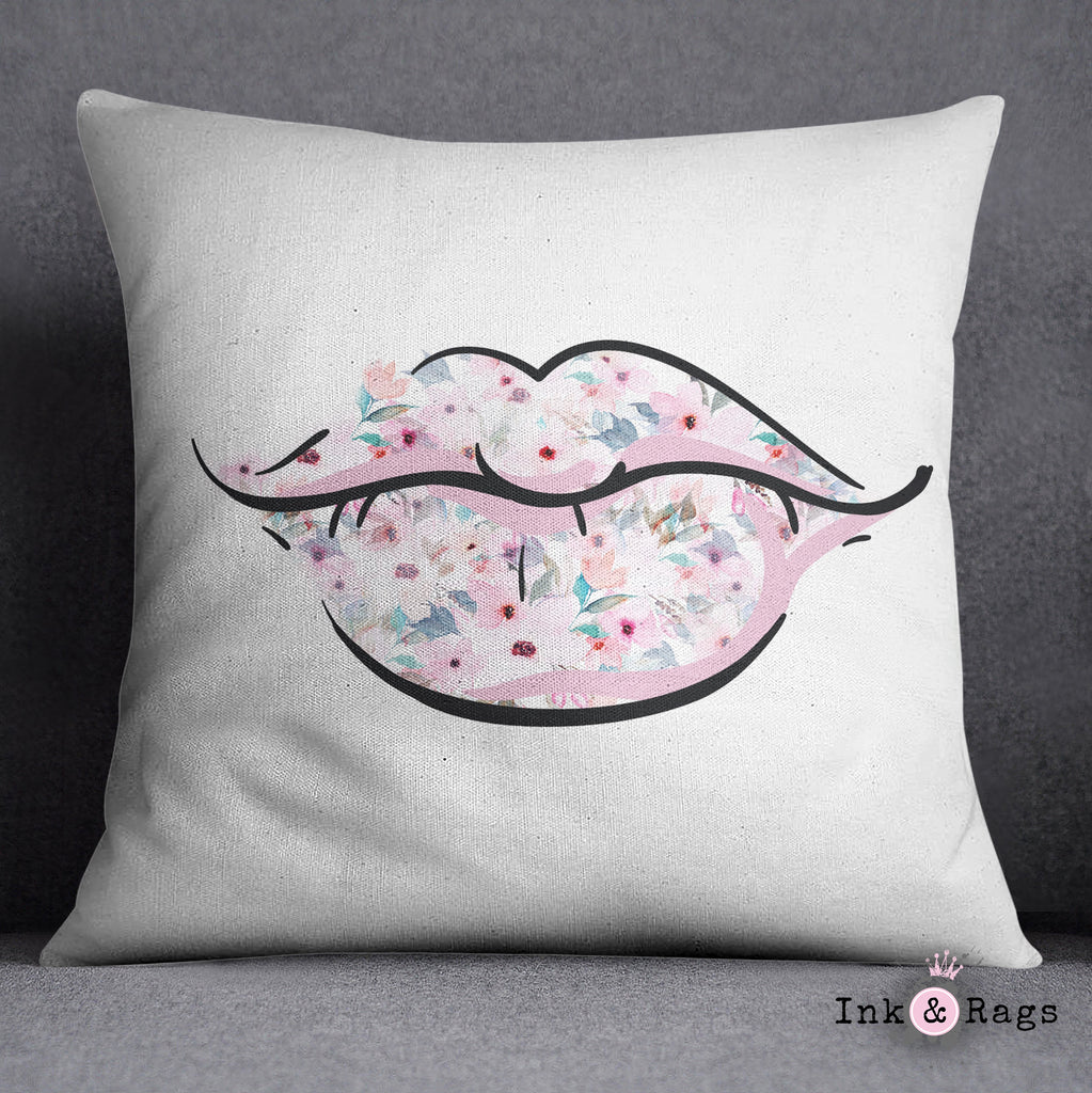 Lips and Lashes Pink Watercolor Flower Throw Pillow