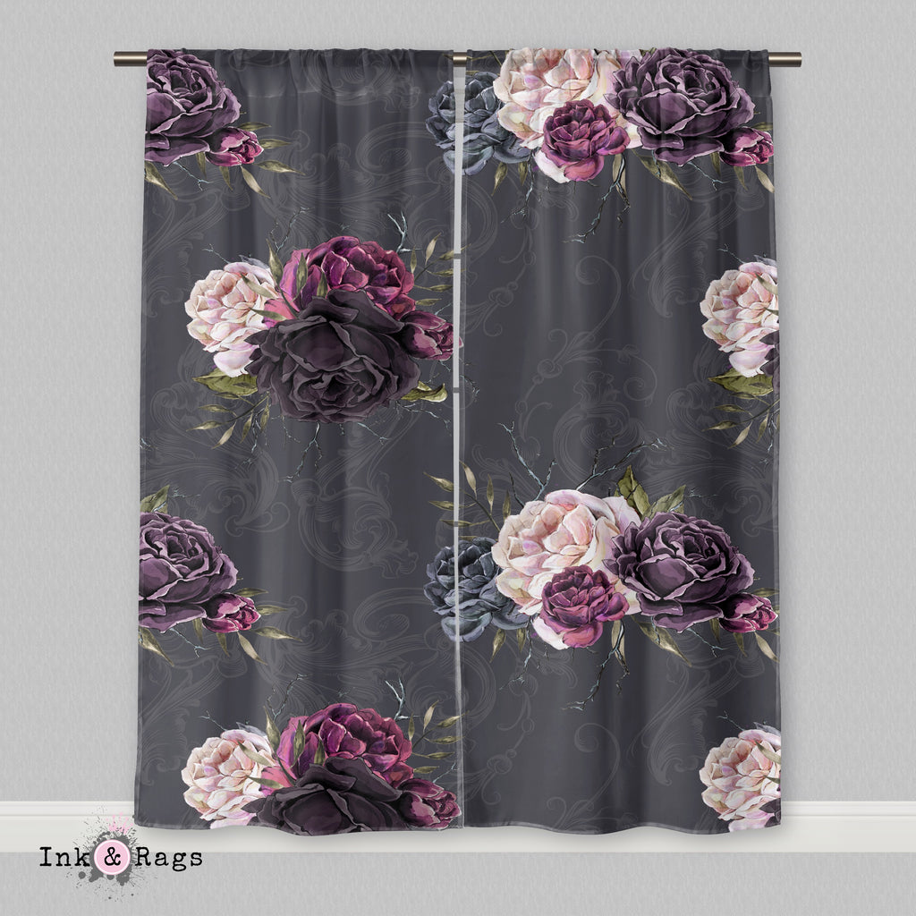 Forget Me Not Gothic Purple Rose Scroll Curtains