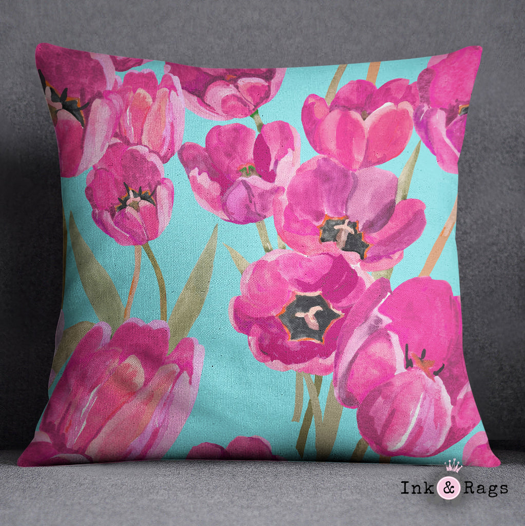 Pink Poppy and Turquoise Throw Pillow