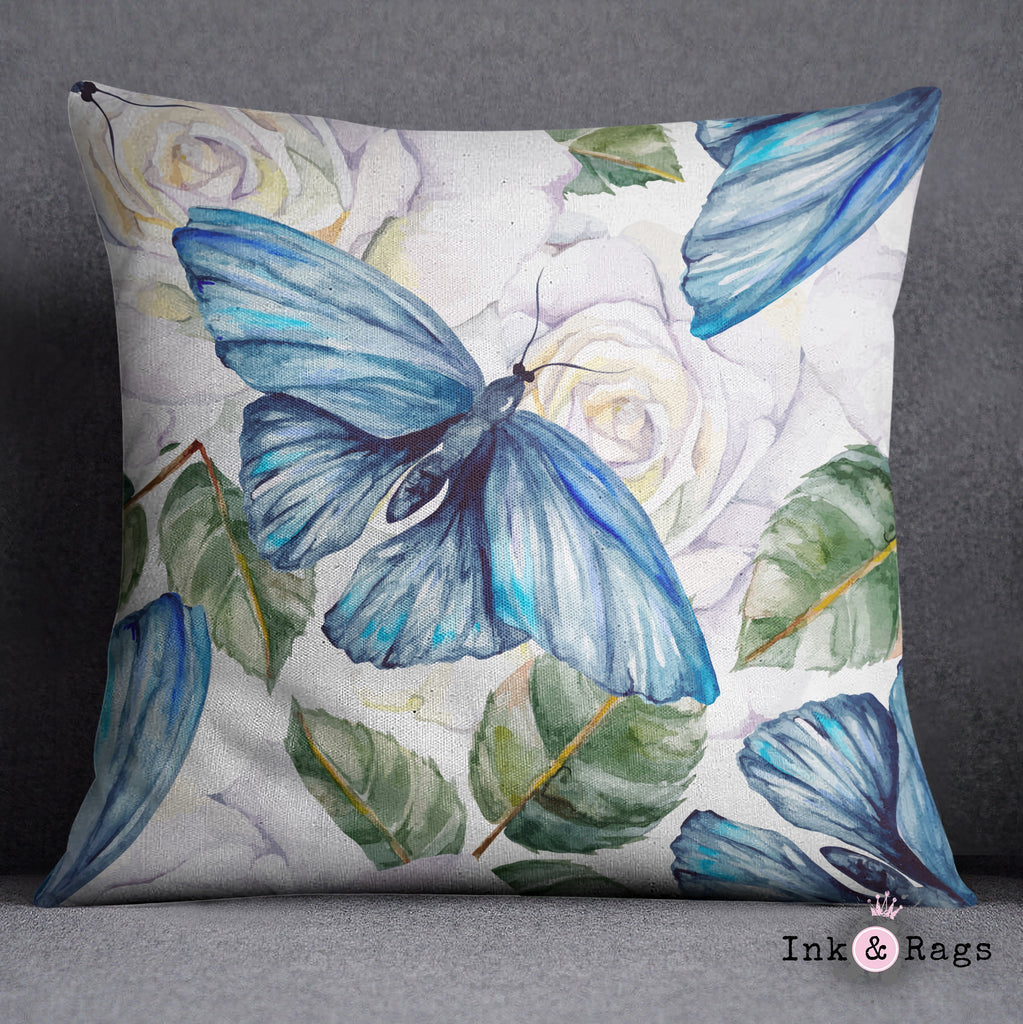 Watercolor Blue Butterfly and White Rose Throw Pillow