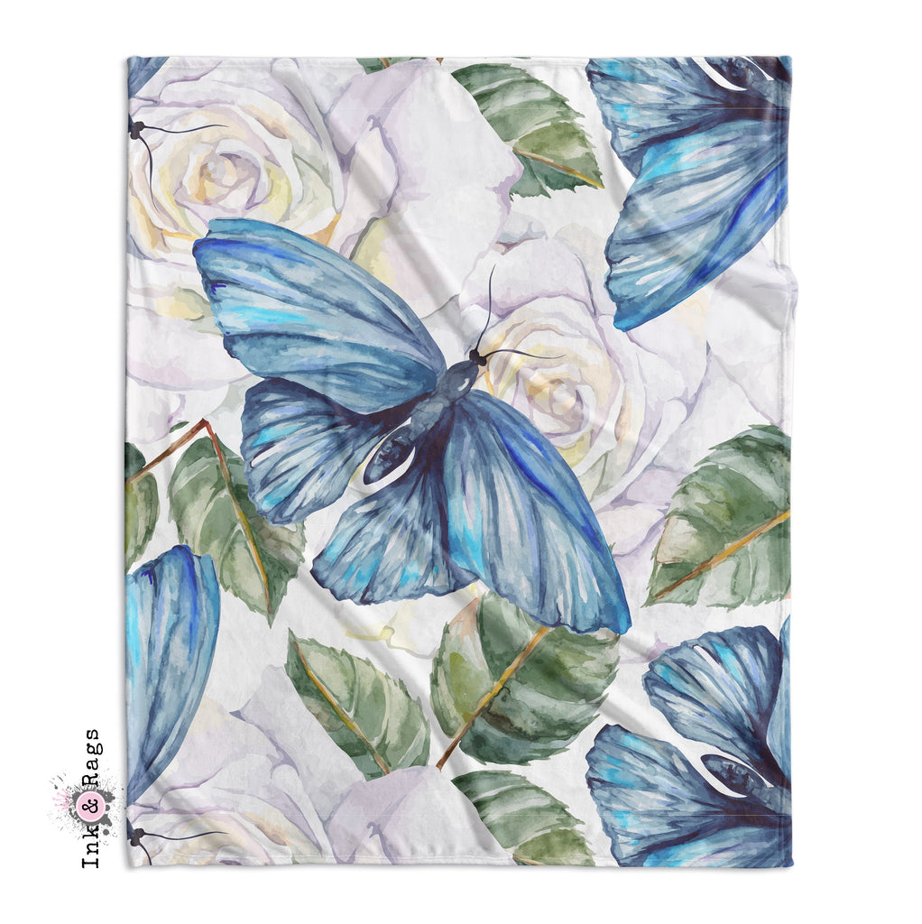 Watercolor Blue Butterfly and White Rose Decorative Throw and Pillow Cover Set