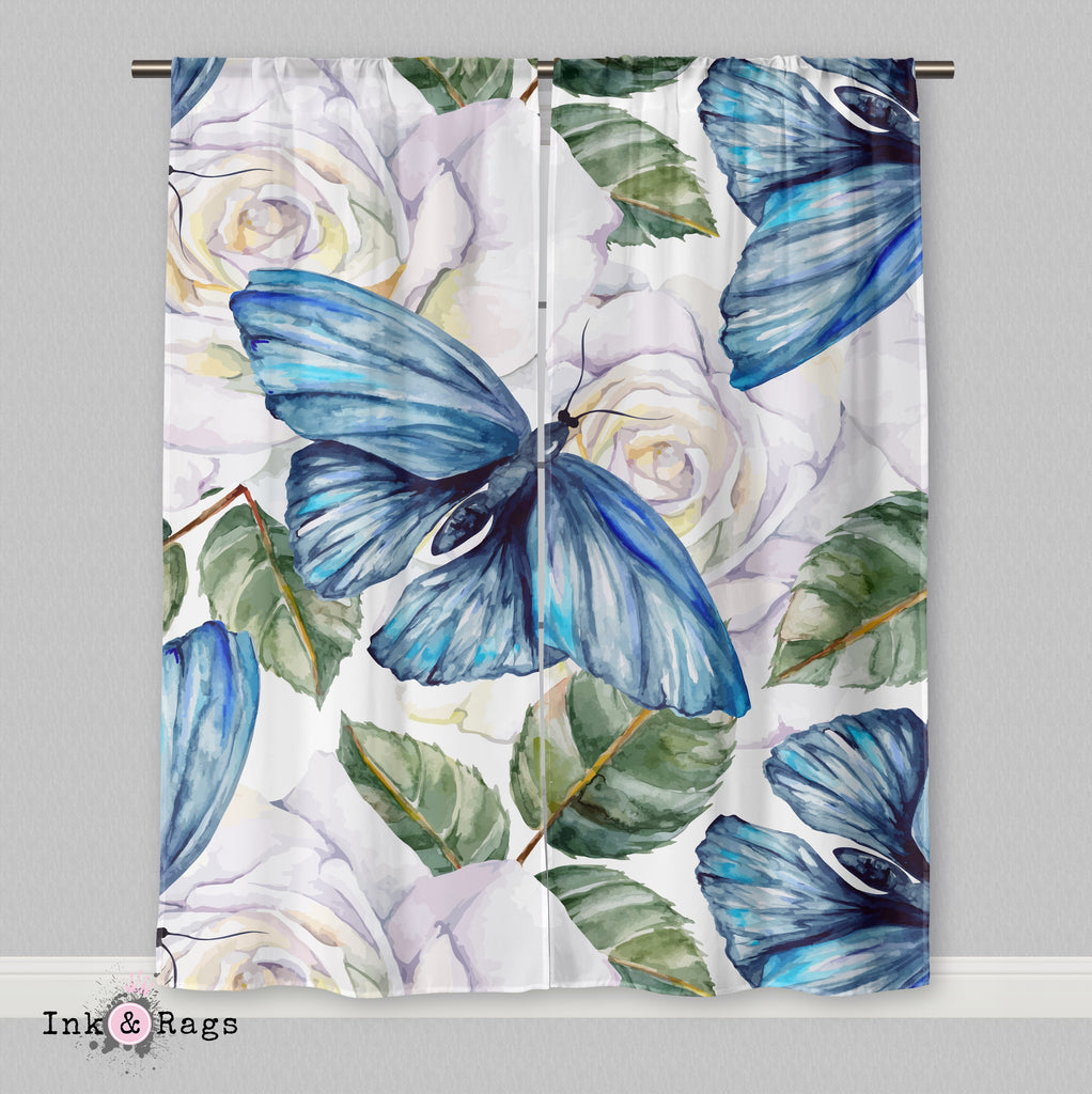 Watercolor Blue Butterfly and White Rose Curtains