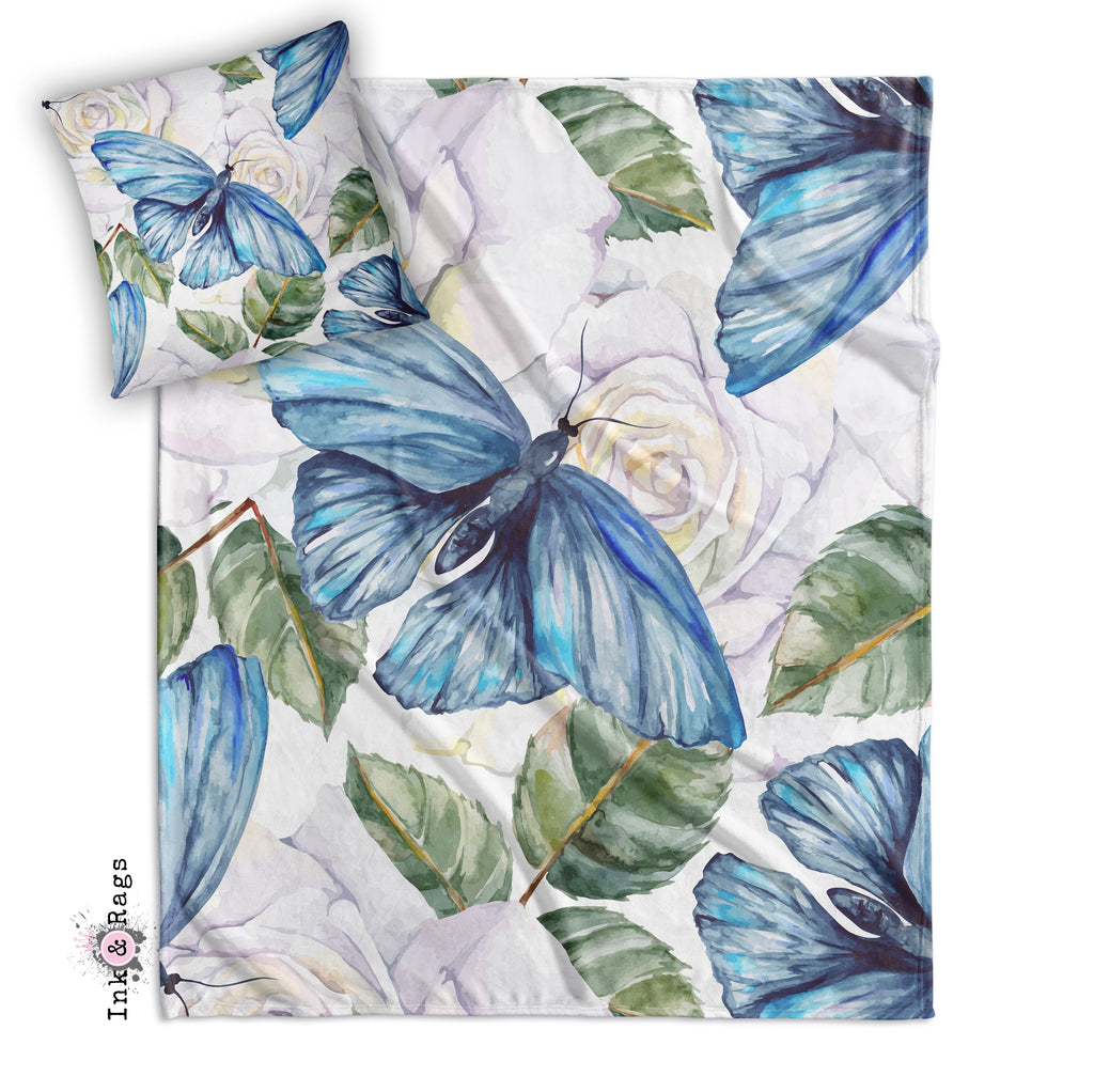 Watercolor Blue Butterfly and White Rose Decorative Throw and Pillow Cover Set