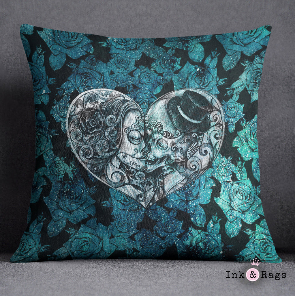 Teal Cosmic Rose Sugar Skull Decorative Throw and Pillow Cover Set