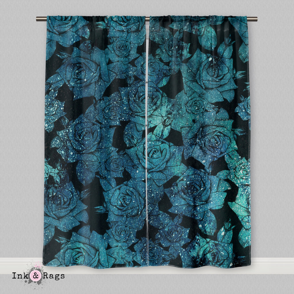 Teal Cosmic Rose Curtains
