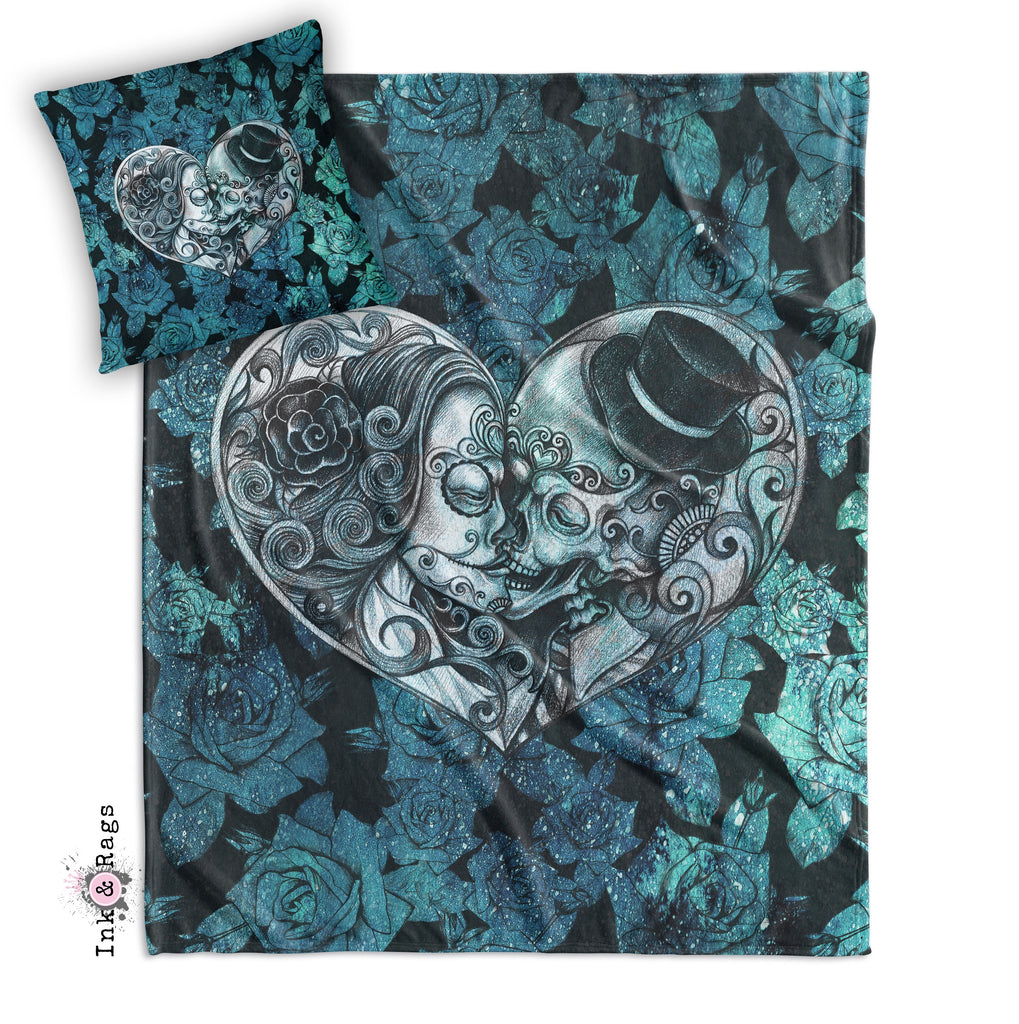 Teal Cosmic Rose Sugar Skull Decorative Throw and Pillow Cover Set