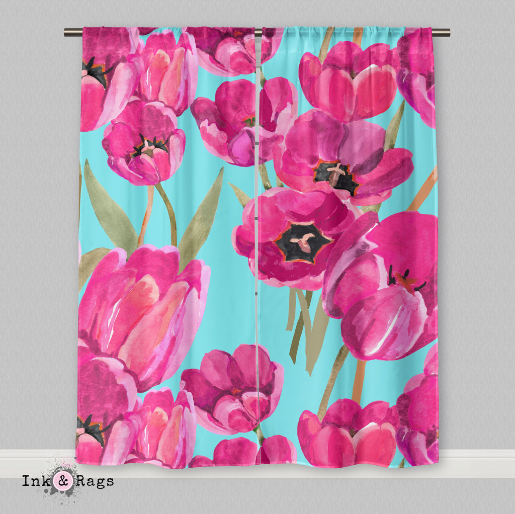 Pink Poppy and Turquoise Curtains