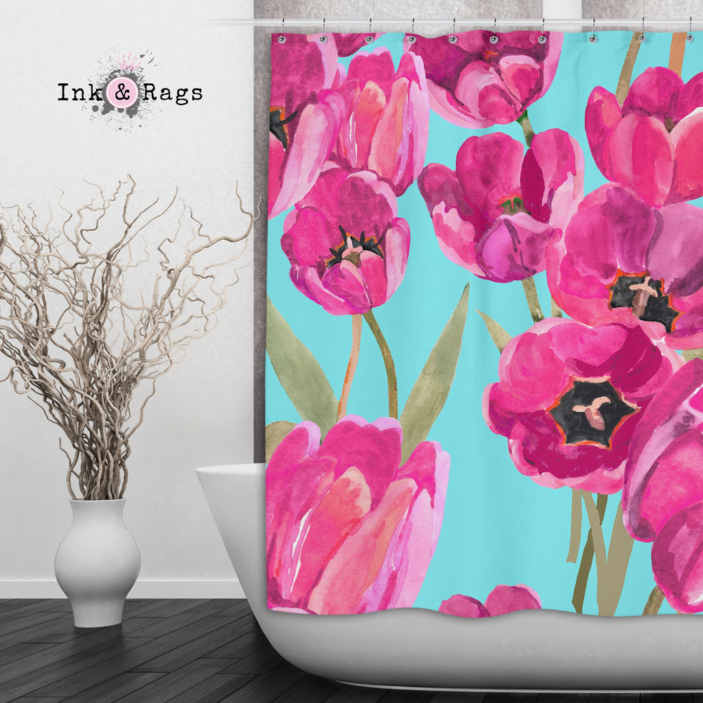 Pink Poppy and Turquoise Shower Curtains and Optional Bath Mats