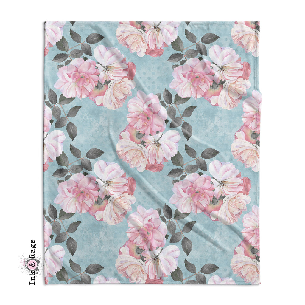 Powder Blue Dot and Pink Rose Floral Crib and Toddler Bedding Collection