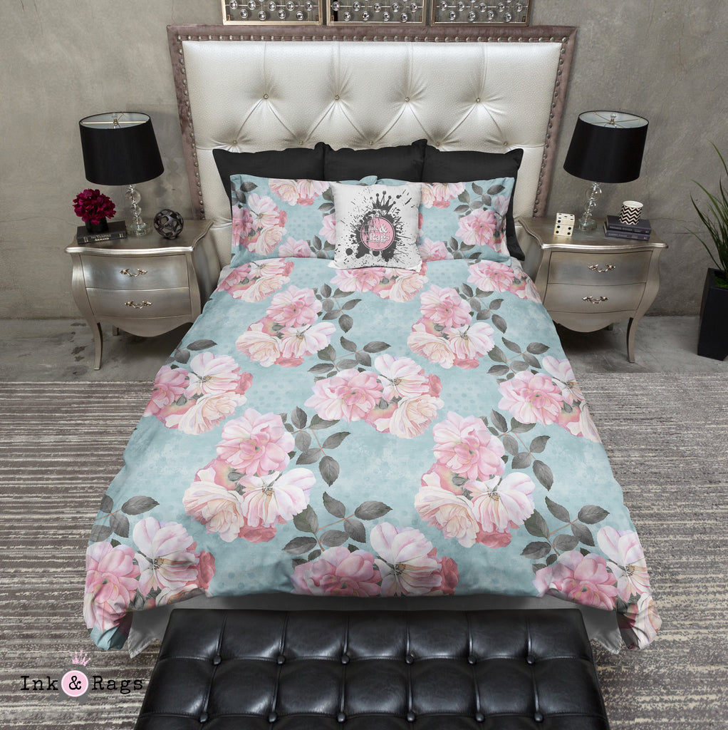 Powder Blue Dot and Pink Rose Floral Bedding Collection