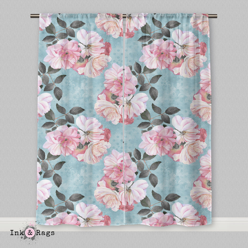 Powder Blue Dot and Pink Rose Floral  Curtains