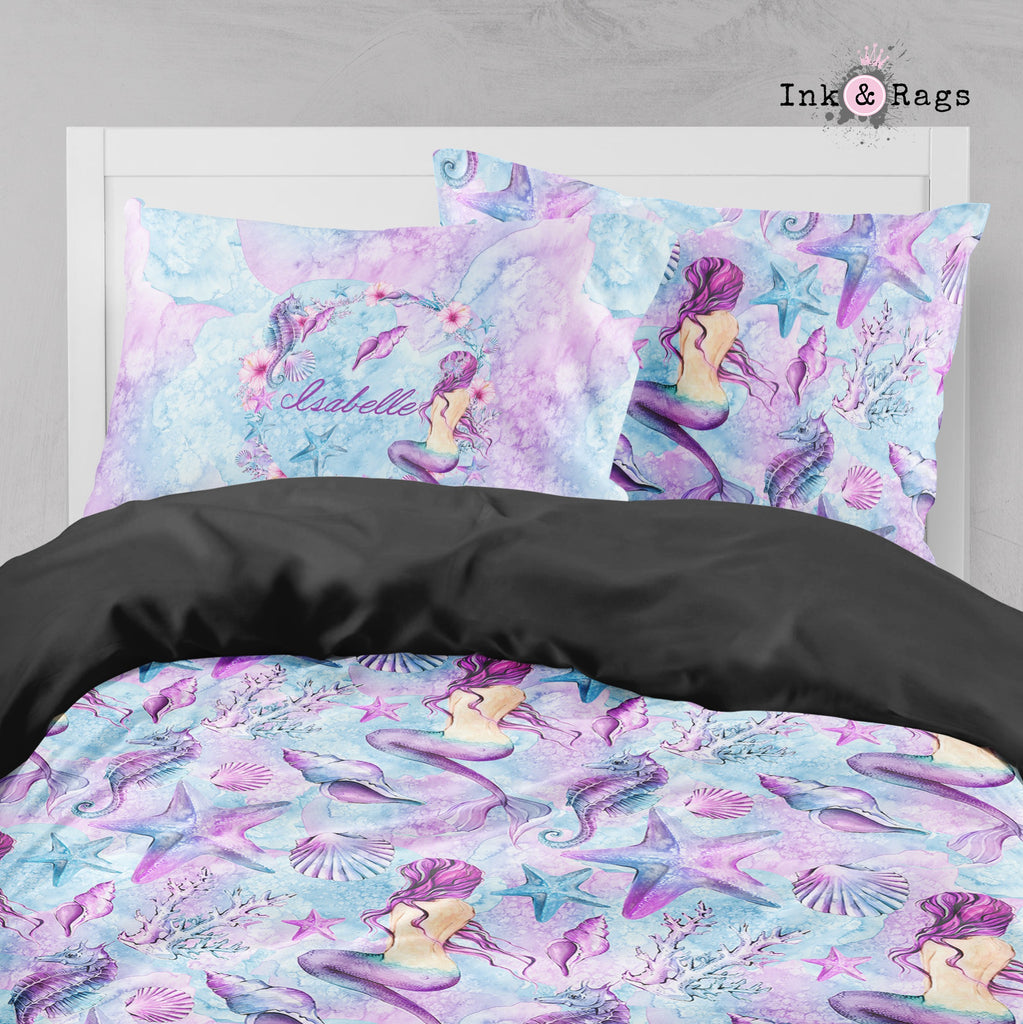 Personalized Purple Watercolor Mermaid Big Kids Bedding