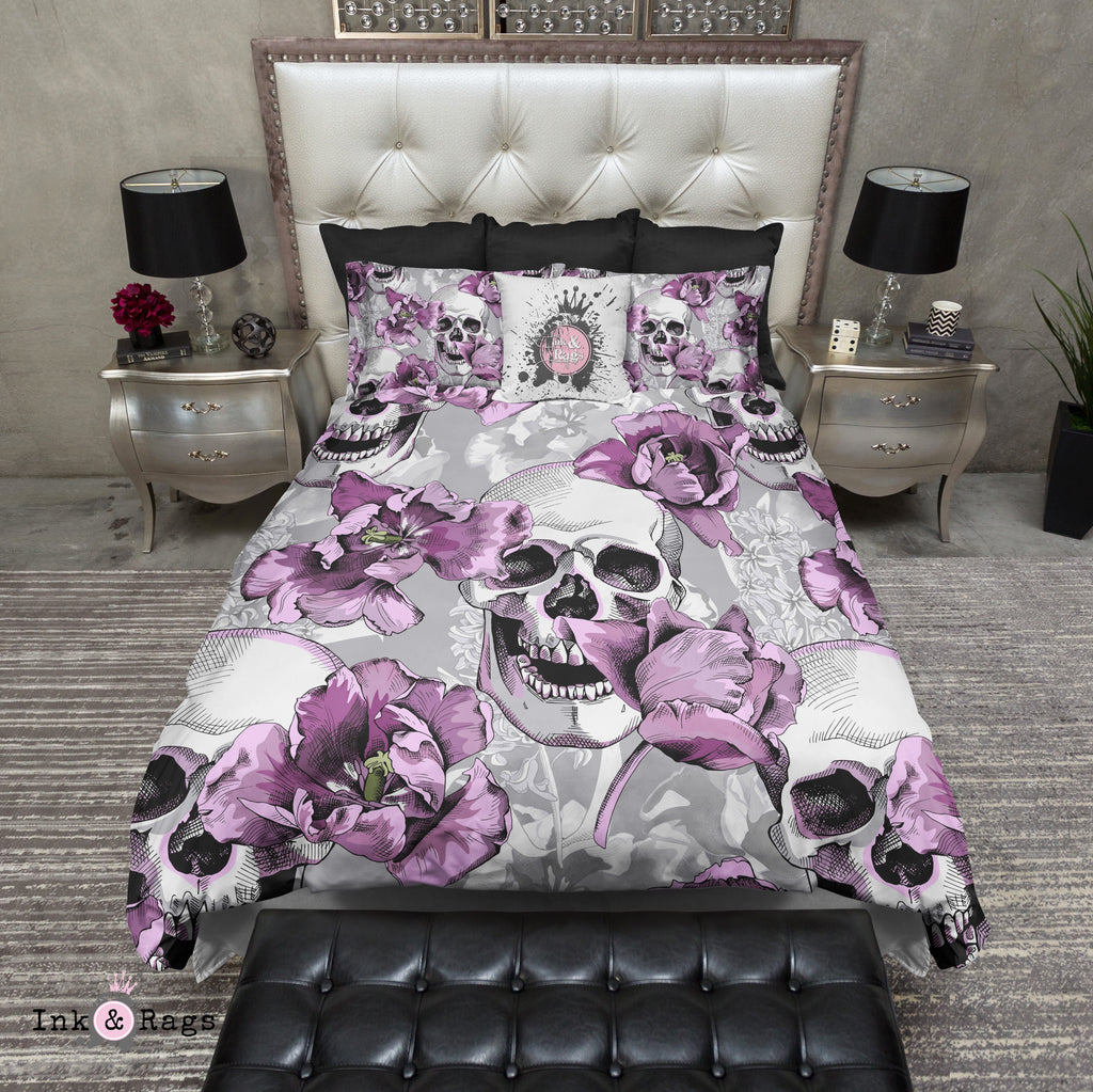 Violet and Grey Tulip and Skull Bedding Collection