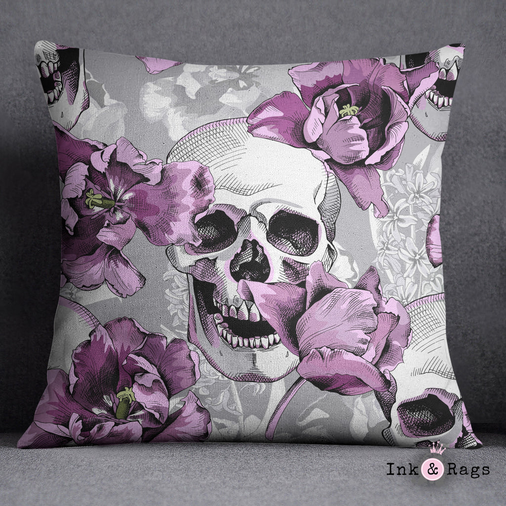 Violet and Grey Tulip and Skull Decorative Throw and Pillow Cover Set
