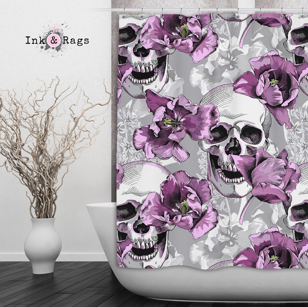 Violet and Grey Tulip and Skull Shower Curtains and Optional Bath Mats