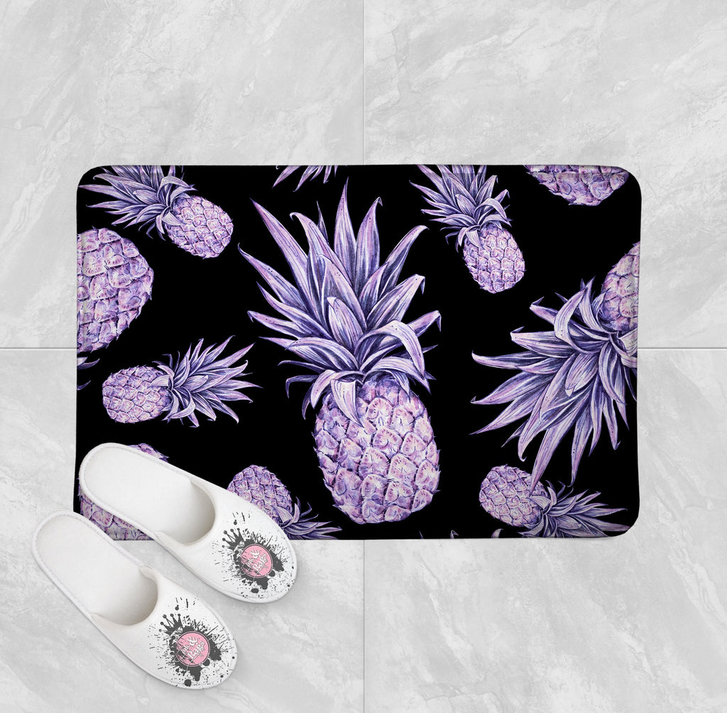 Purple Pineapple on Black Shower Curtains and Optional Bath Mats