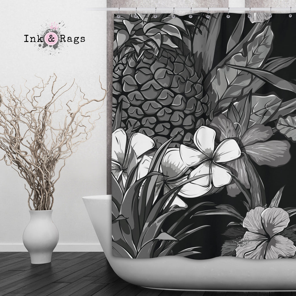 Black and White Tropical Pineapple Shower Curtains and Optional Bath Mats