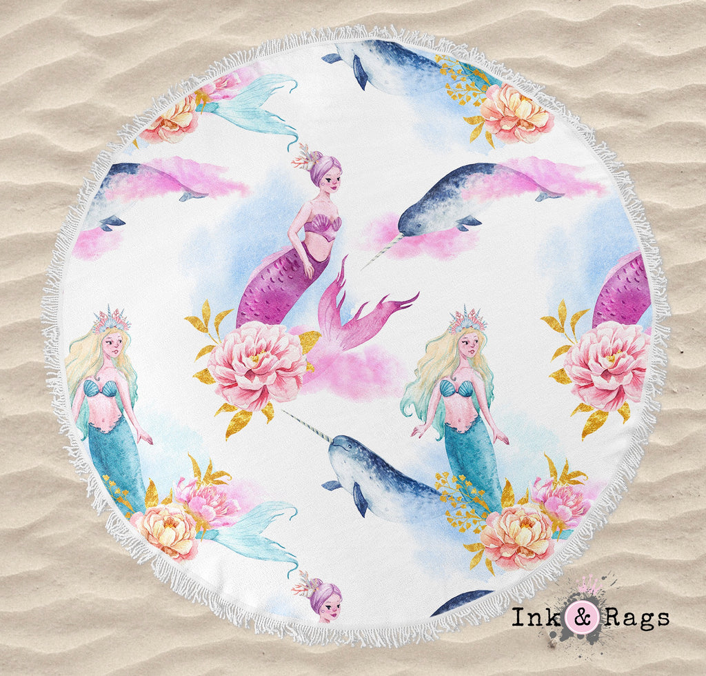 Watercolor Mermaid Narwhal and Peony Round Beach Towel