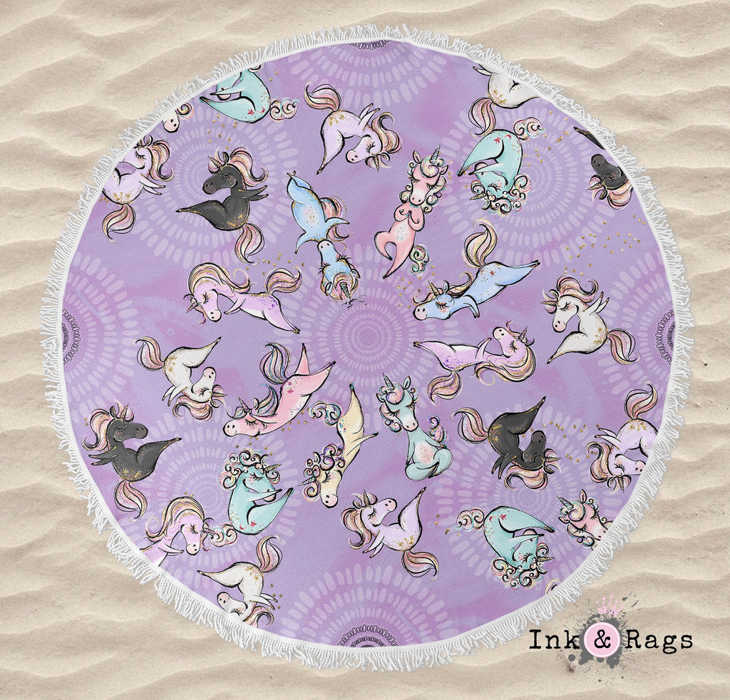 Zen Yoga Unicorns with Mandalas in Purple Round Beach Towel