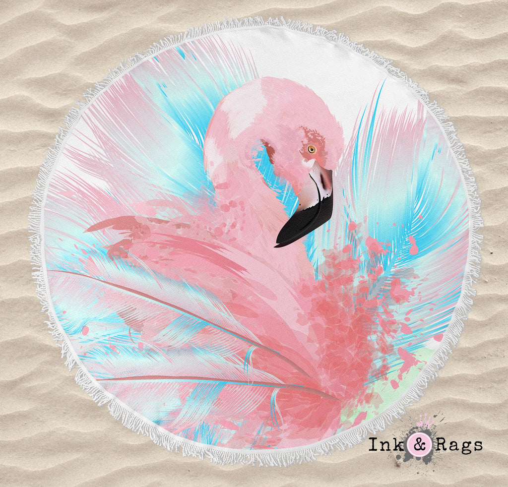 Watercolor Flamingo Round Beach Towel