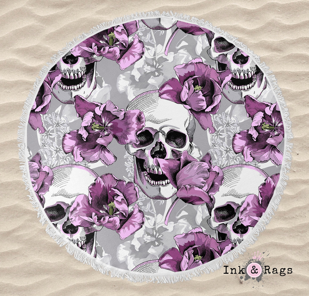 Violet and Grey Tulip and Skull Round Beach Towel