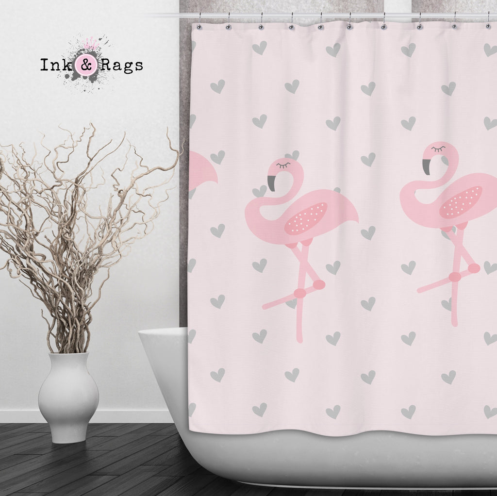 Baby Pink Marching Flamingo Heart Shower Curtains and Optional Bath Mats