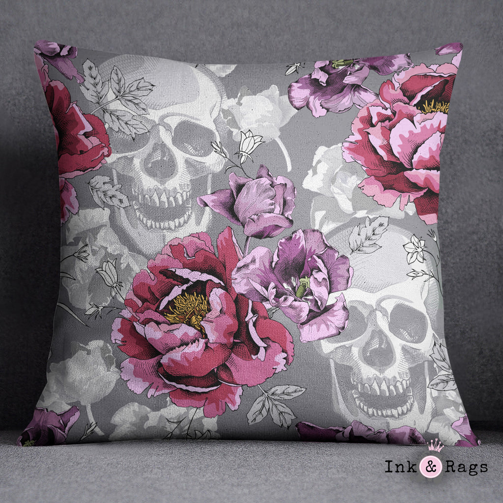 Violet Berry and Grey Tulip and Flower Skull Decorative Throw and Pillow Cover Set
