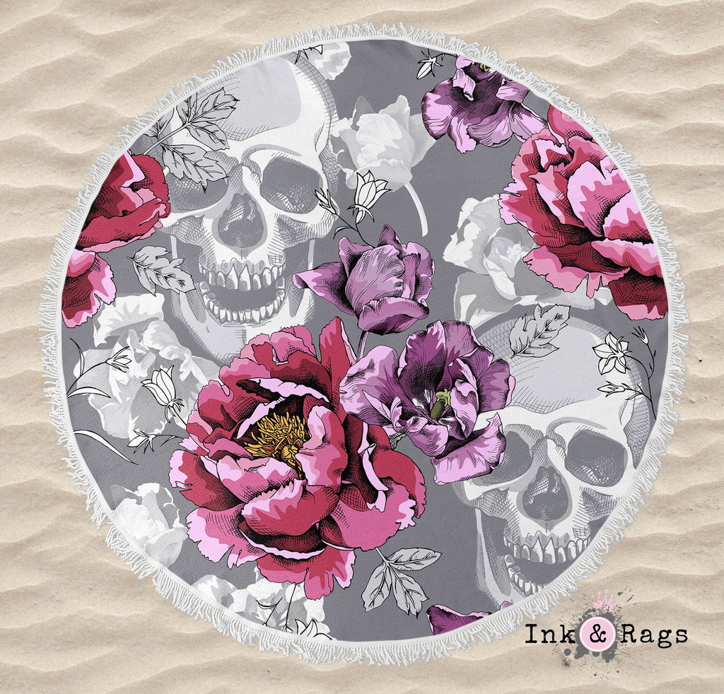 Violet Berry and Grey Tulip and Flower Skull Round Beach Towel