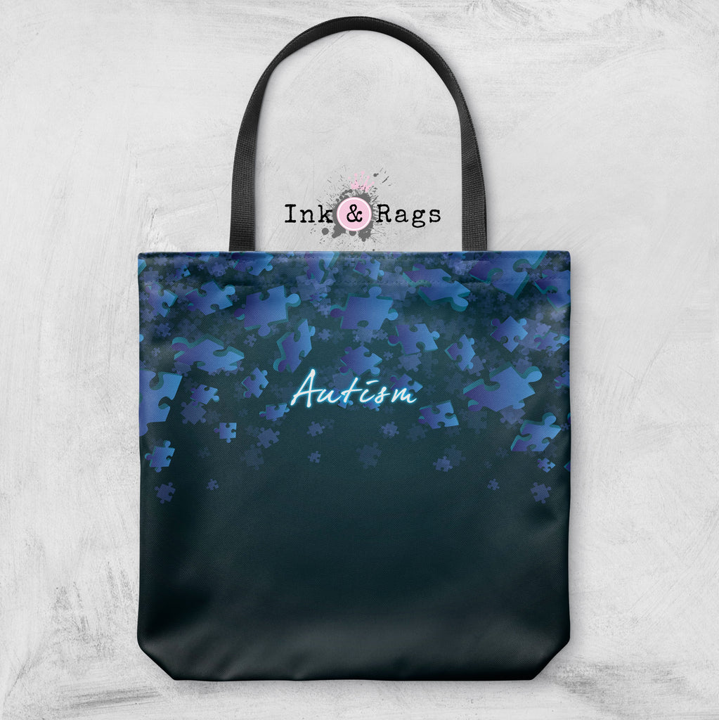 Blue Falling Puzzle Piece Autism Awareness Tote