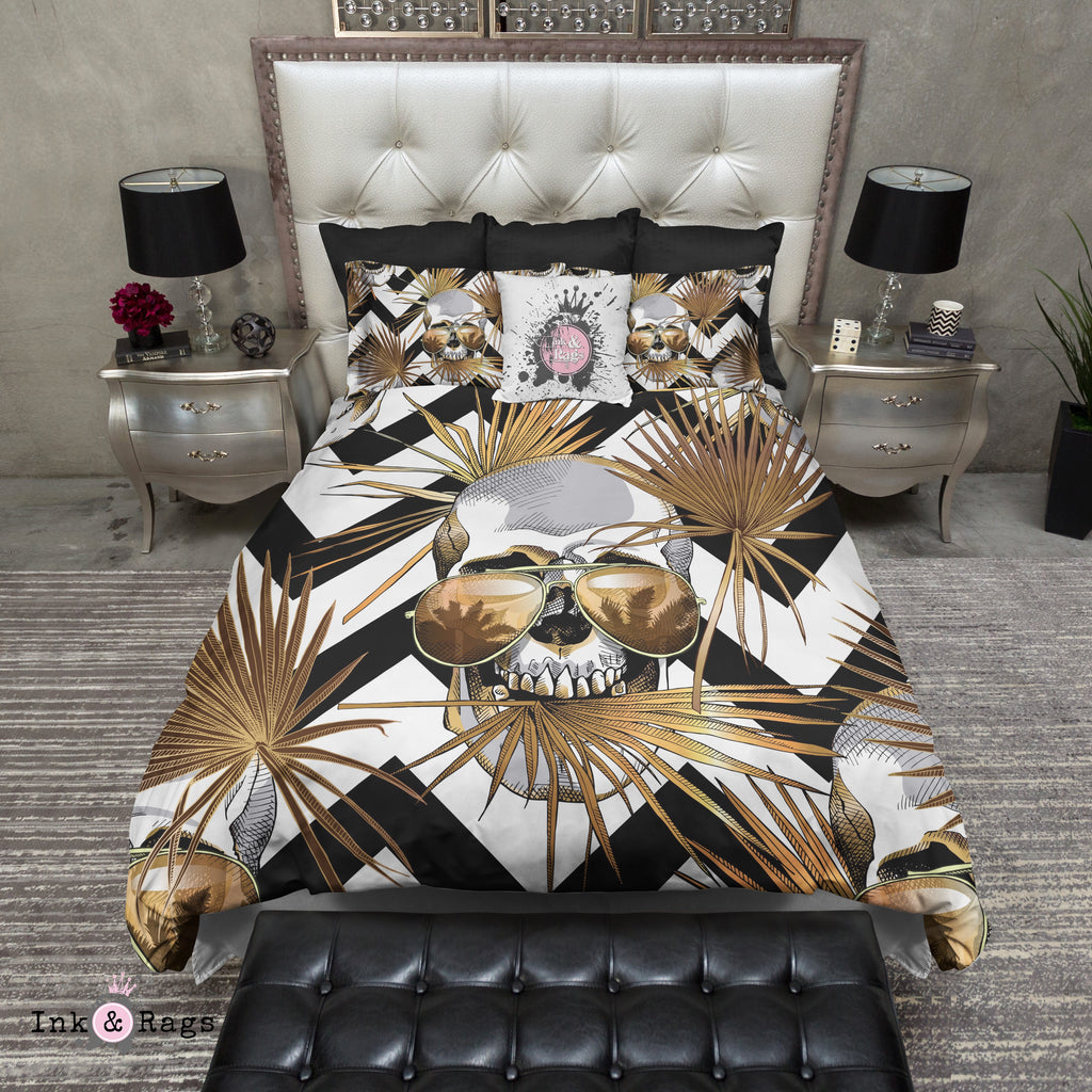 Black and Gold Palm Aviator and Skull Bedding Collection