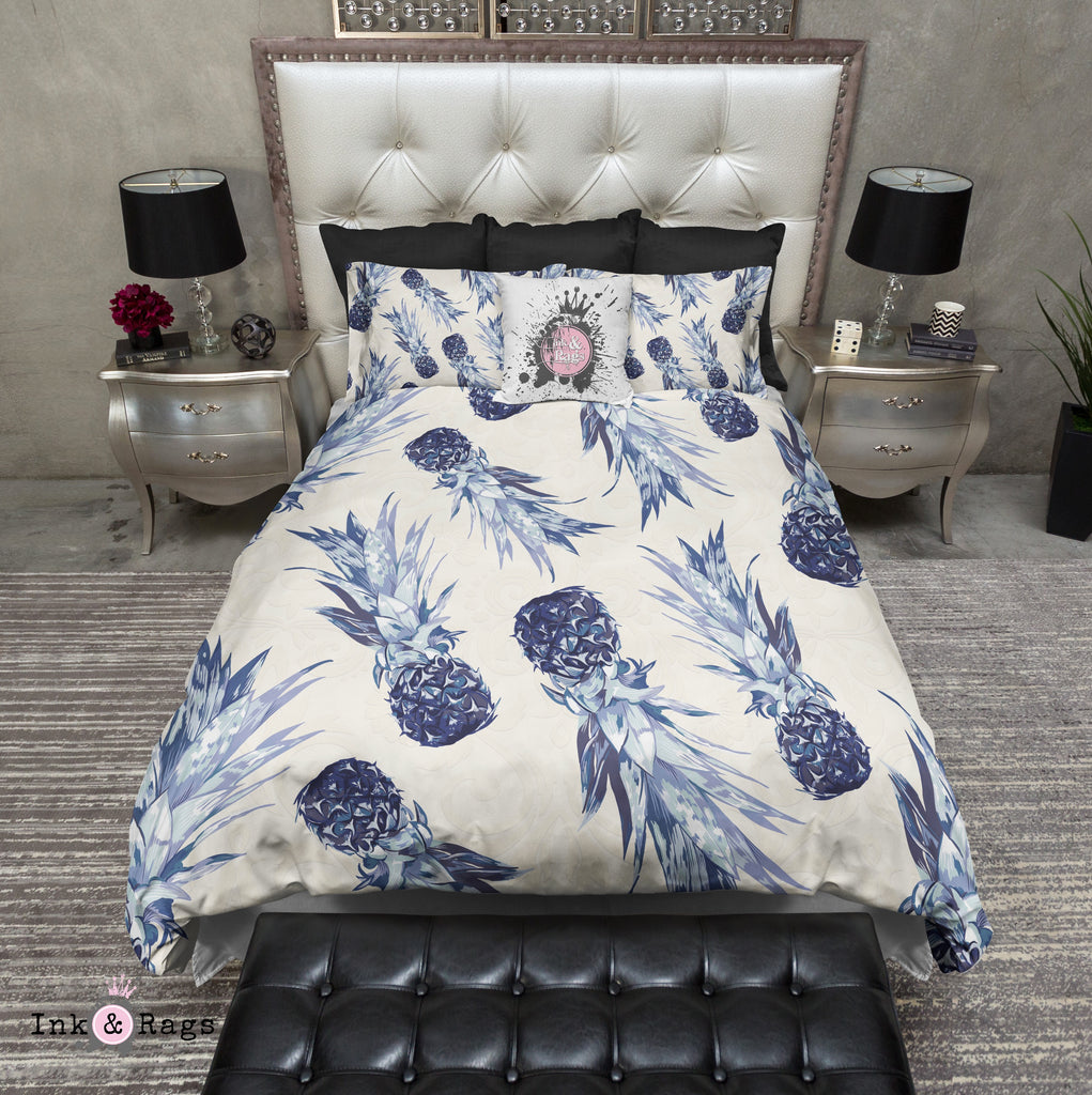 Blue Pineapple and Cream Damask Bedding Collection