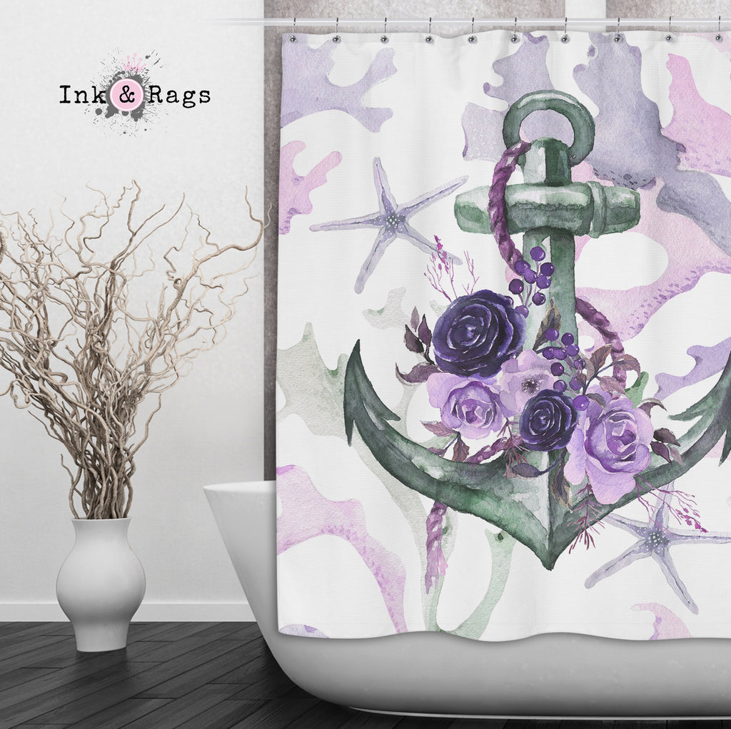 Green and Purple Anchor Rose Coral Starfish Nautical Shower Curtains and Optional Bath Mats