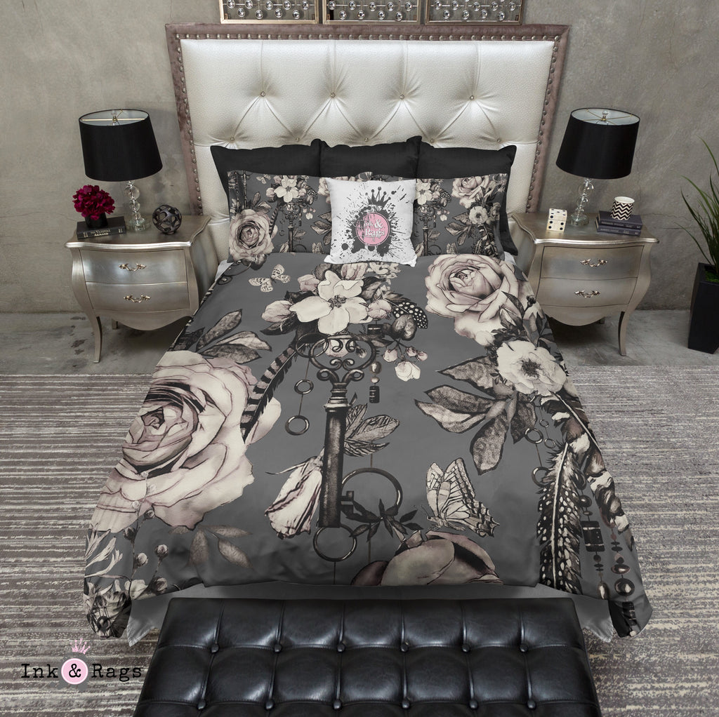 Steampunk Inspired Vintage Key Feather and Rose on Grey Bedding Collection
