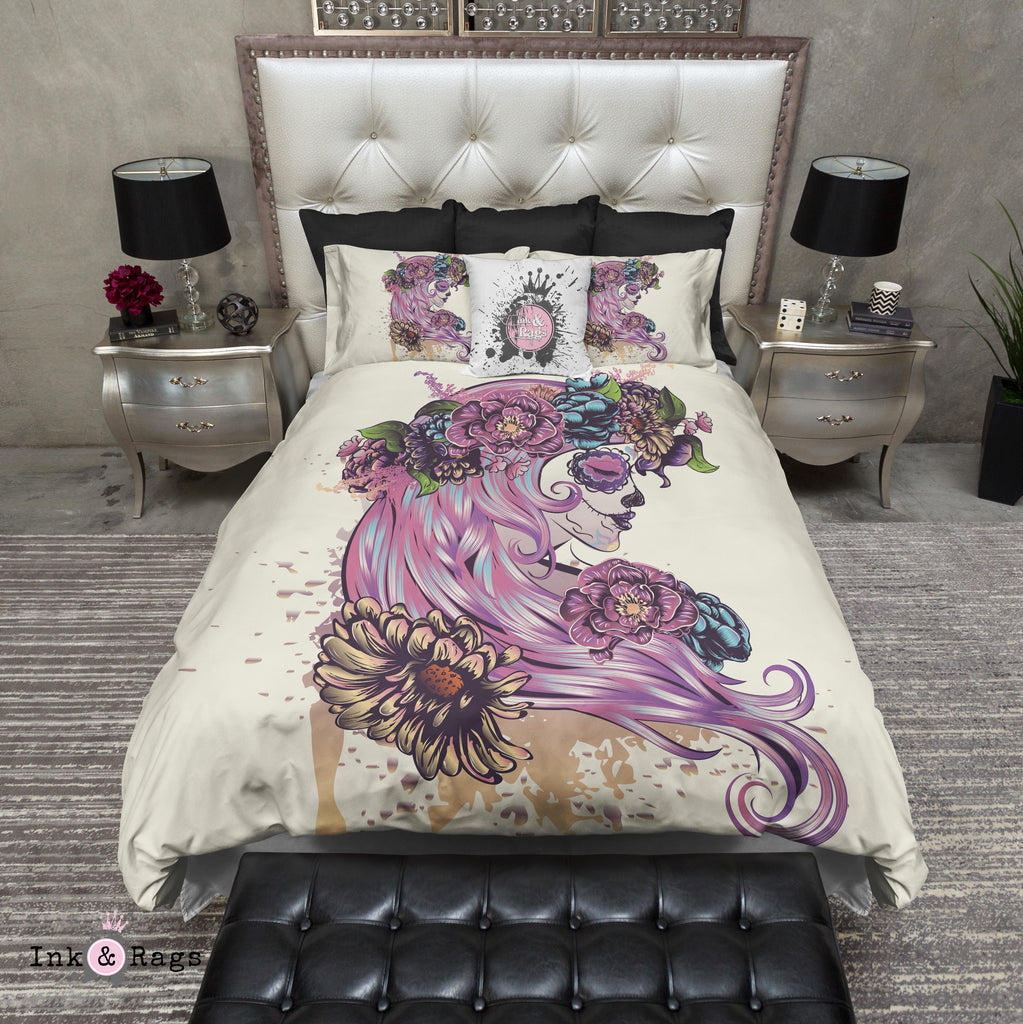 Day of the Dead Painted Lady with Purple Hair Sugar Skull CREAM Bedding Collection