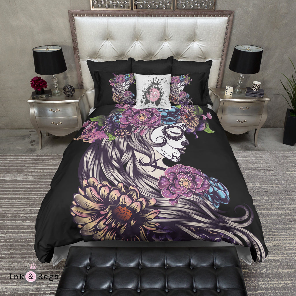 Day of the Dead Painted Lady Sugar Skull on Black Bedding Collection