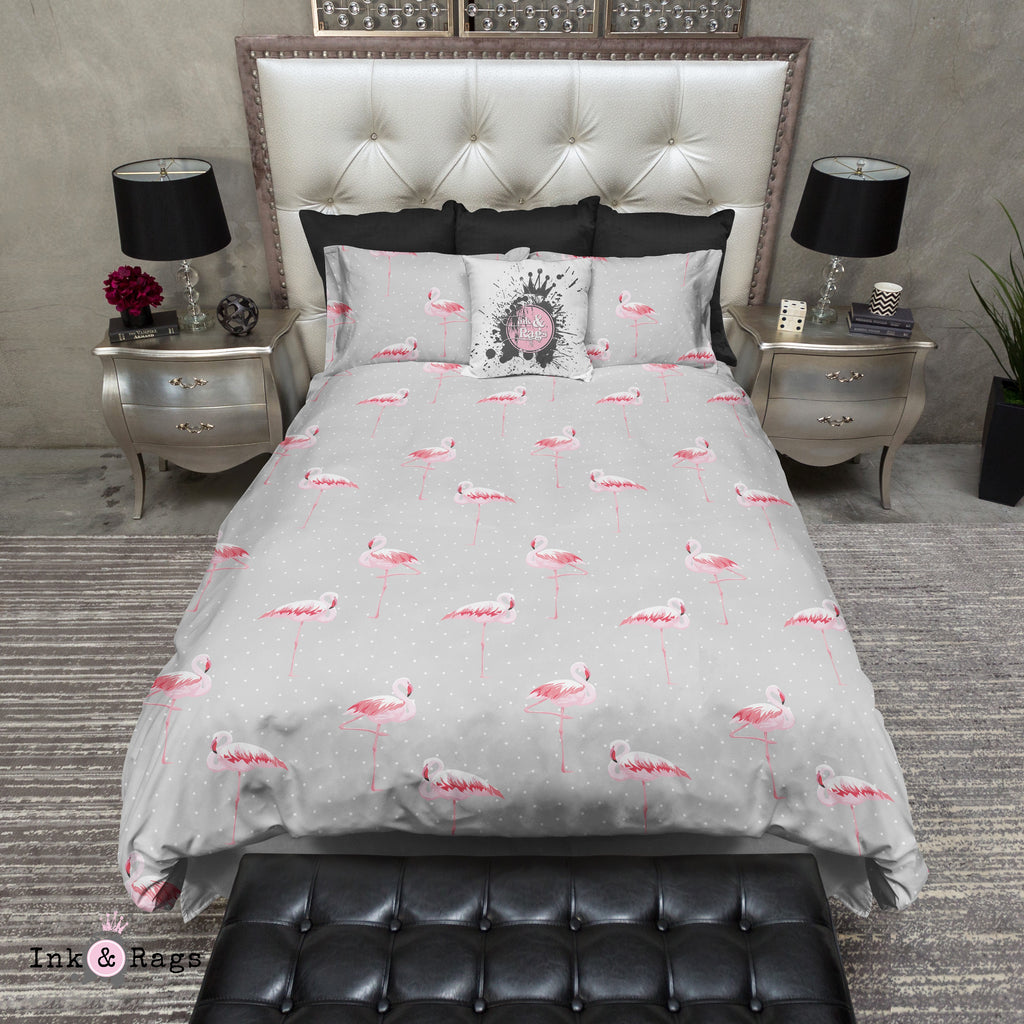 Pink Flamingo and Grey Pin Dot Bedding Collection