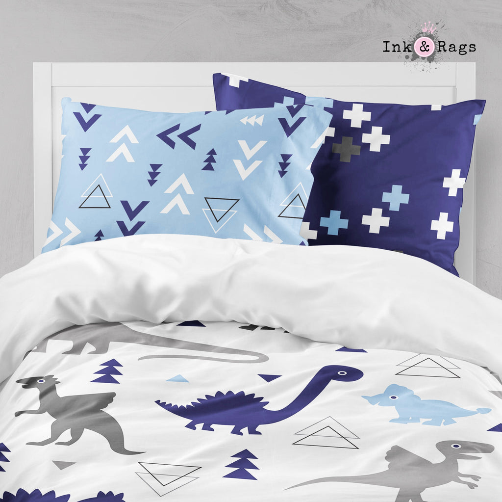 Shades of Blue and Grey Geometric Dino Big Kids Bedding