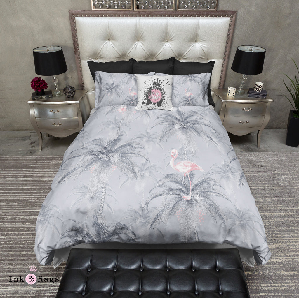 Ink Drum Style Grey Palm and Pink Flamingo Bedding Collection