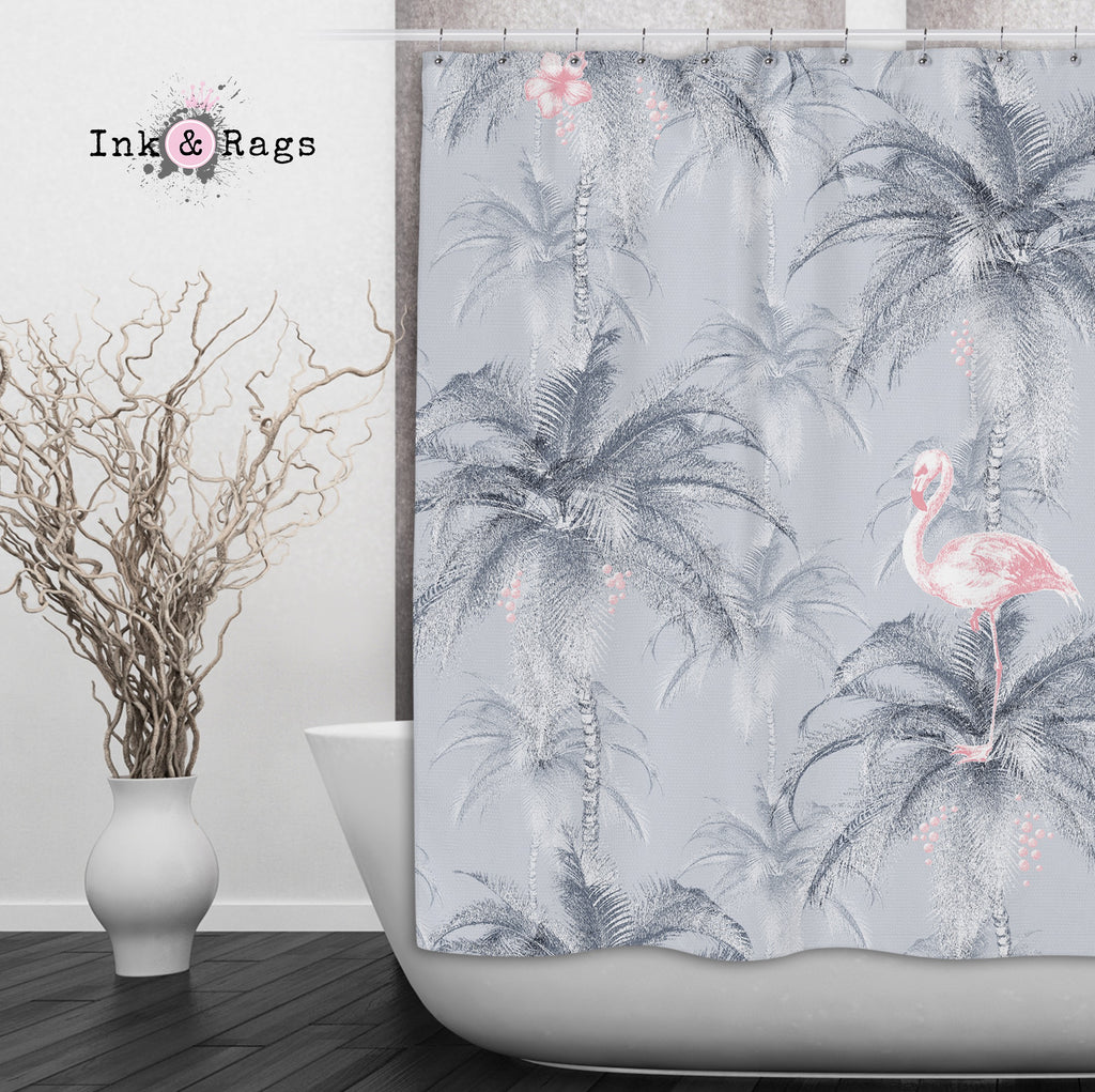 Ink Drum Style Grey Palm and Pink Flamingo Shower Curtains and Optional Bath Mats