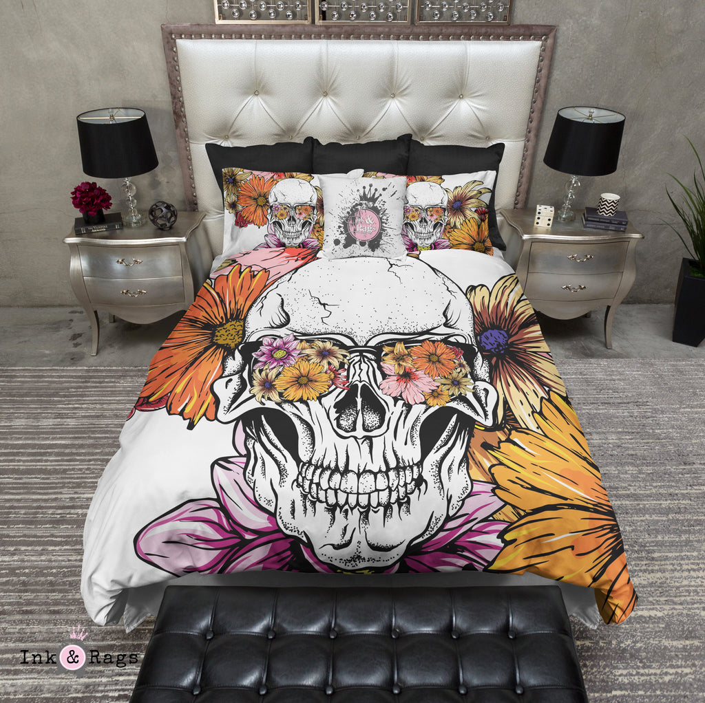 Daisies and Sunglasses White Floral Skull Bedding Collection