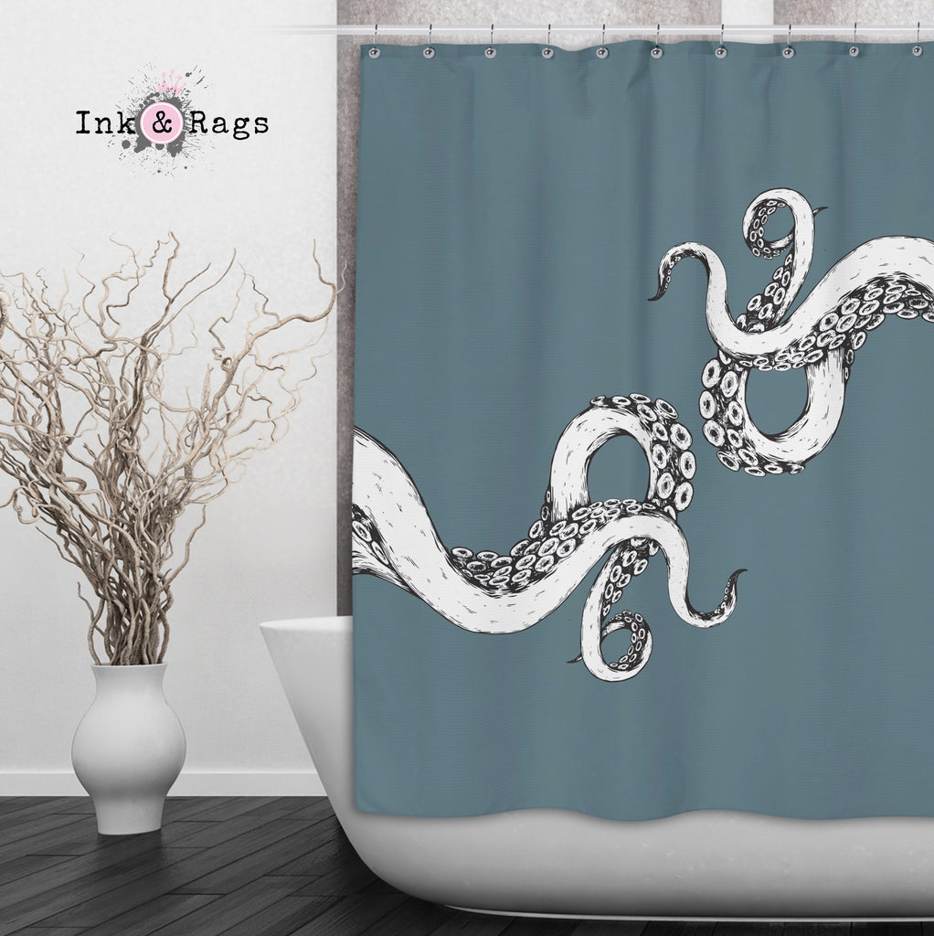 Wrapped in Tentacles Ocean Blue Octopus Shower Curtains and Optional Bath Mats