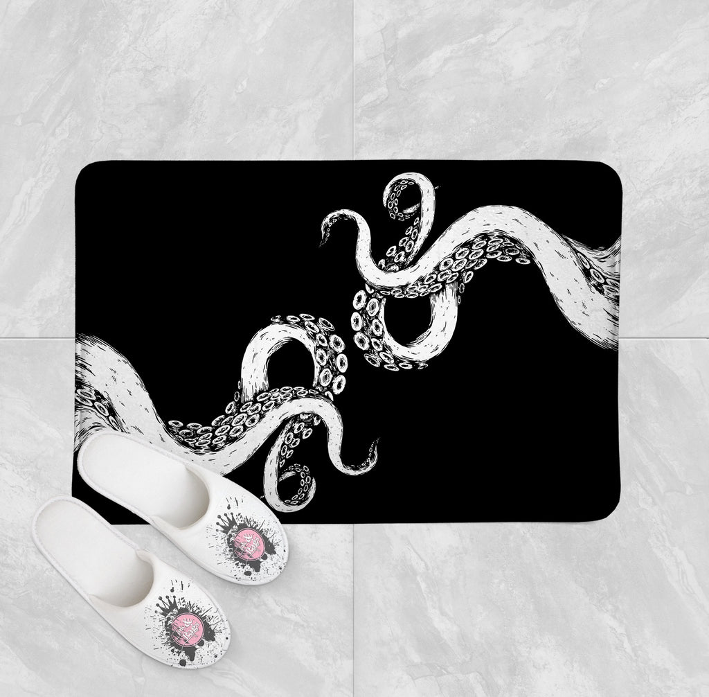 Wrapped in Tentacles Black Octopus Shower Curtains and Optional Bath Mats